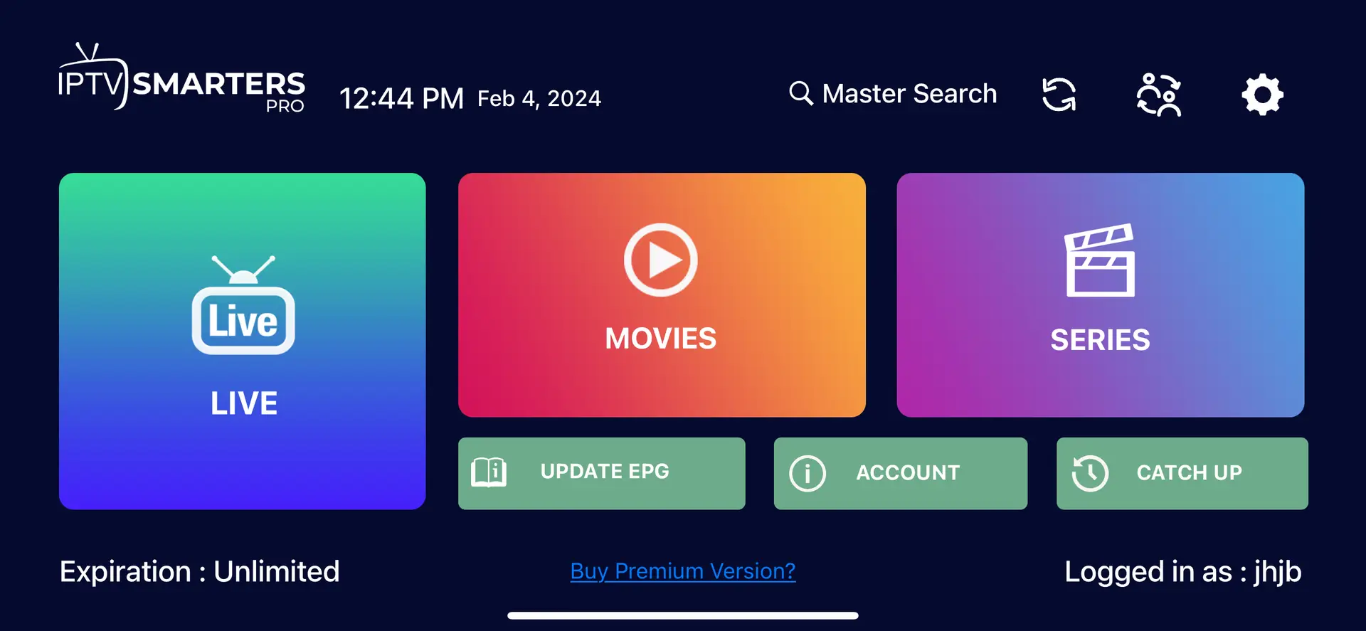 Interface IPTV Smarters Pro montrant Live TV, films, et séries - compatible avec IPTV Québec.