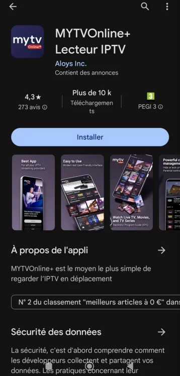 Page Google Play de l'application MYTVOnline+ Lecteur IPTV montrant les fonctionnalités et options de téléchargement.